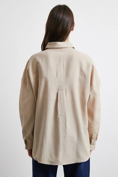 Cepli Oversize Keten Gömlek Bej - Resim 6