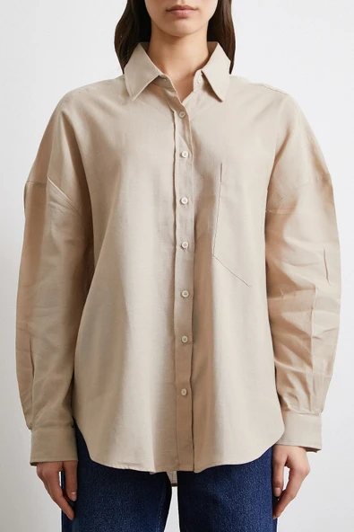 Cepli Oversize Keten Gömlek Bej - Resim 3