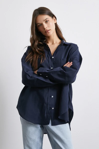 Cepli Oversize Keten Gömlek Lacivert - Resim 3