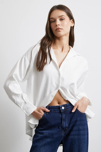 Diagonal Desen Gömlek Beyaz - Resim 2