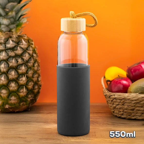 Porsima 2409-5 Matara 550 ml - Bambu Kapaklı Suluk Antrasit Kılıflı Borosilikat Cam Su Şişesi