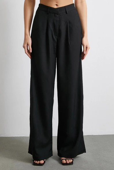 Yüksek Bel Beli Lastikli Geniş Paça Pantolon Siyah - 5
