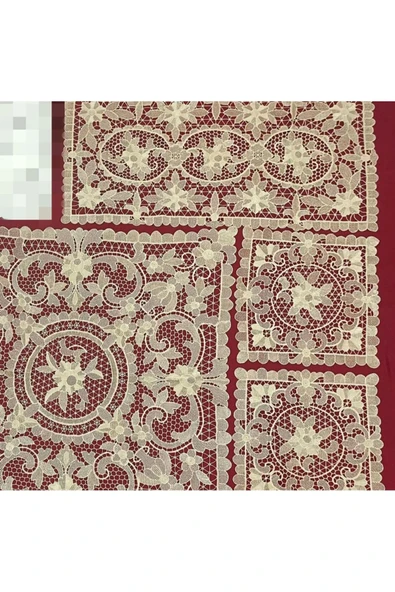 ( 4 PARÇA ) Dantel Anglez Salon Takımı Makina İşi Floş İp Bej Renk