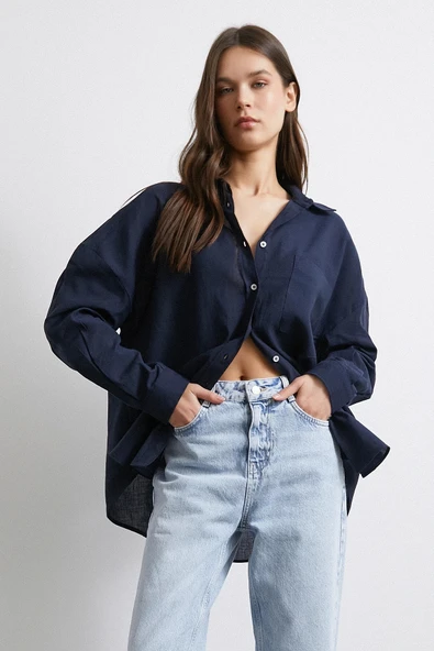 Cepli Oversize Keten Gömlek Lacivert - Resim 2