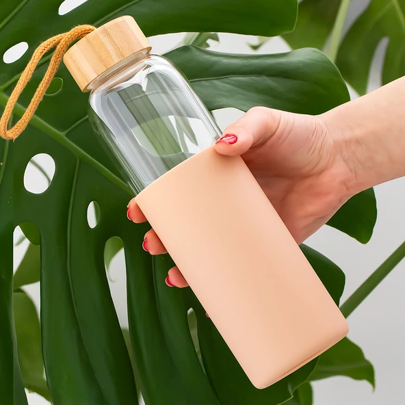 Porsima 2409-1 Matara 550 ml - Bambu Kapaklı Suluk Cappuccino Kılıflı Borosilikat Cam Su Şişesi