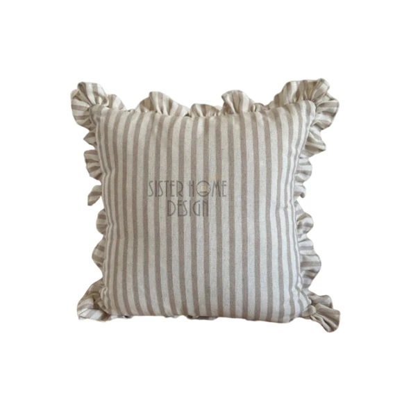 2'li Fırfırlı Çizgili Keten Kırlent Kılıfı, Sütlü Kahve Çizgili - 7