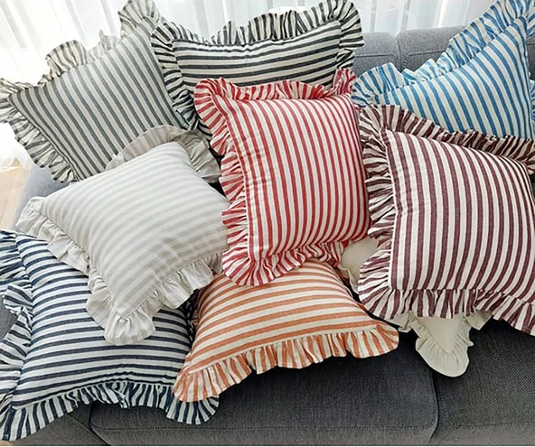 2'li Fırfırlı Çizgili Keten Kırlent Kılıfı, Sütlü Kahve Çizgili - 5