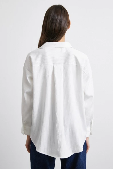 Diagonal Desen Gömlek Beyaz - Resim 6