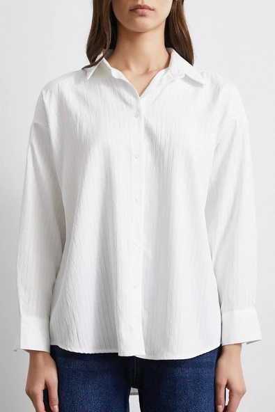 Diagonal Desen Gömlek Beyaz - Resim 5