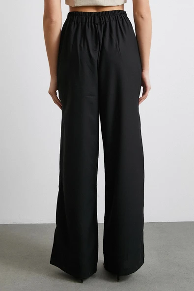 Yüksek Bel Beli Lastikli Geniş Paça Pantolon Siyah - 6