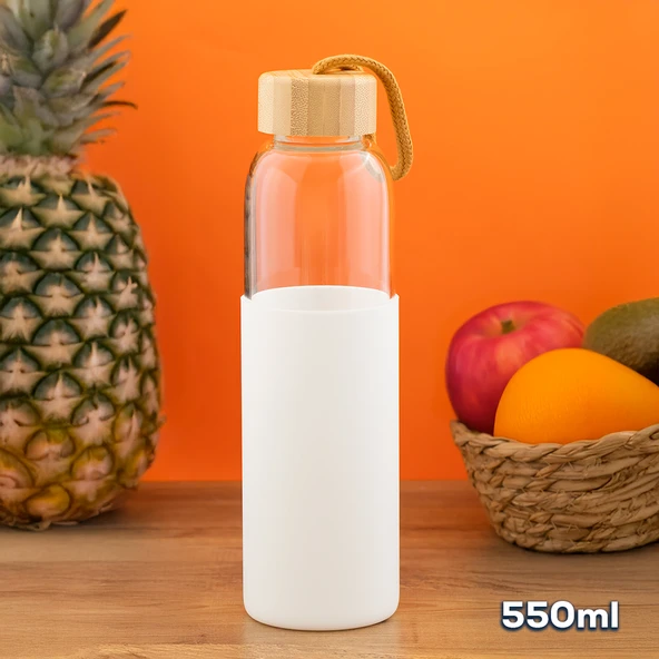 Porsima 2409-4 Matara 550 ml - Bambu Kapaklı Suluk Beyaz Kılıflı Borosilikat Cam Su Şişesi