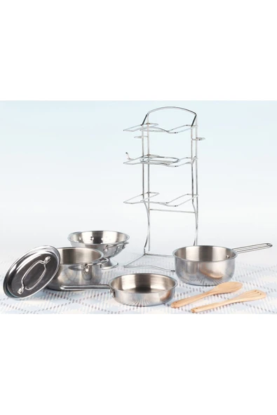 Oyuncak Çelik Tencere Tava Seti Raflı 8 Parça: Minik Şeflerin Rüyası! - 3