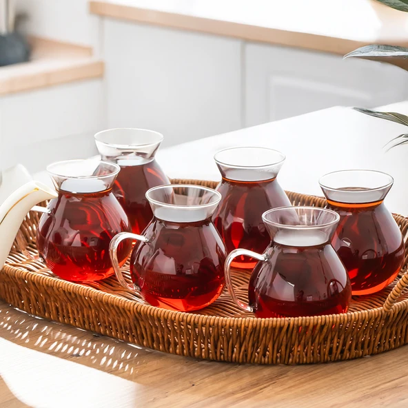 Perotti Keyfi Ala 6 Lı Borosilikat Çay Bardağı 15528 200 ml Borosilikat Cam Kulplu Çay Bardağı Seti