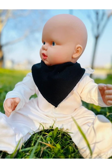KUBBE Siyah %100 Organik Pamuk Çift Katlı Örme Kumaş Çıtçıtlı Bebek Salya Önlük & Fular