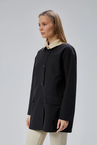 Siyah Oversize Casual Midi Trençkot - 6