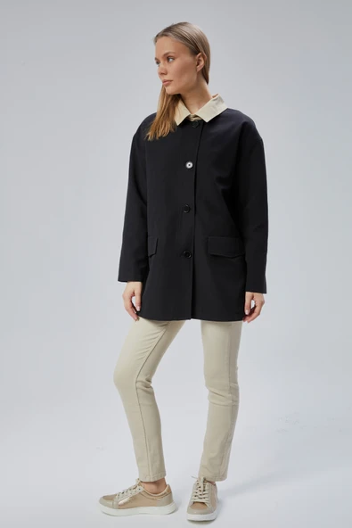 Siyah Oversize Casual Midi Trençkot - 10