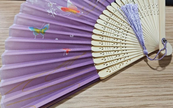 Beluga Yelpaze Bambu Kumaş Serinletici Vintage Şık Dekorasyon Lila Püsküllü Japon Yelpaze 0358 - 2