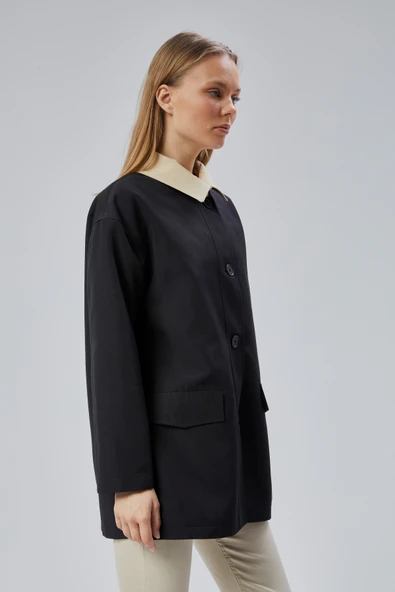 Siyah Oversize Casual Midi Trençkot - 7
