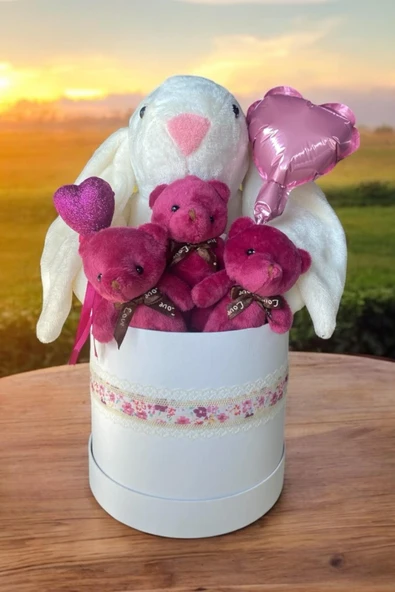 SOLE Premium Peluş Ayıcık ve 45cm Tavşan Buketi – Kalpli Sürpriz Kutusu Sevgiliye Özel - 4