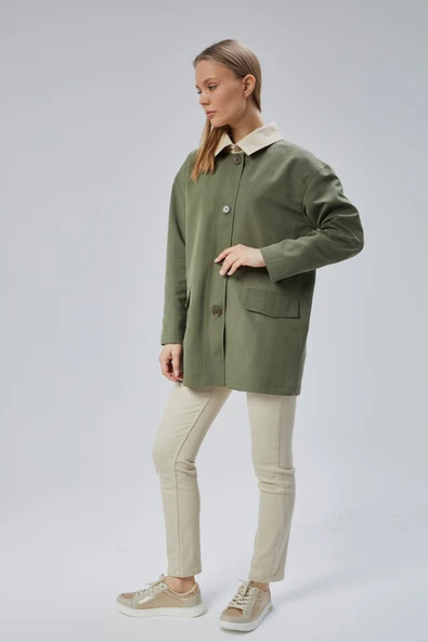 Haki Oversize Casual Midi Trençkot - 9