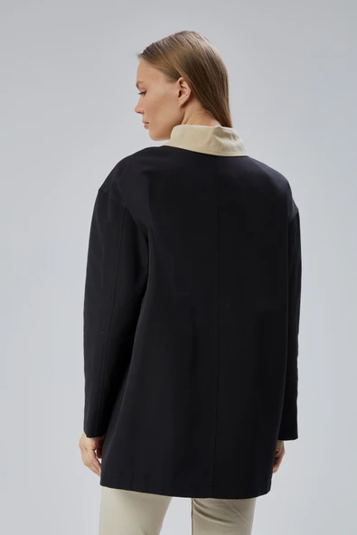Siyah Oversize Casual Midi Trençkot - 8