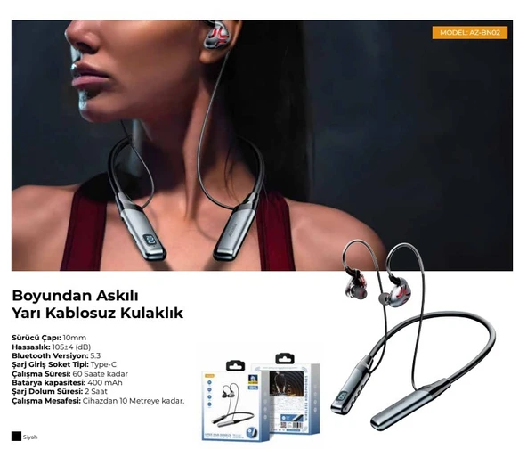 PDAteknoloji AZ-BN02 Boyun Askılı Bluetooth Kulaklık (400mah, 60 saat bekleme) - Resim 6