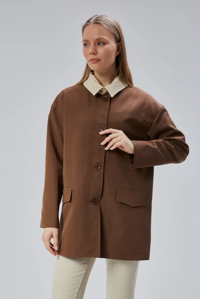Kahverengi Oversize Casual Midi Trençkot - 6
