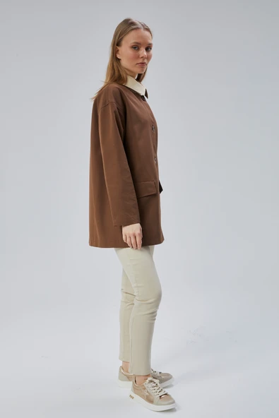 Kahverengi Oversize Casual Midi Trençkot - 10