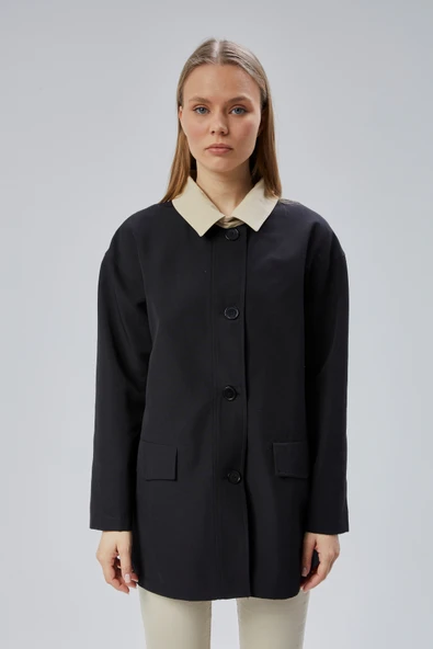 Siyah Oversize Casual Midi Trençkot - 5