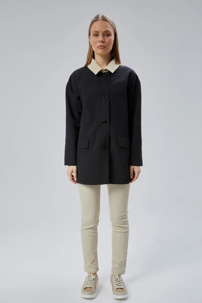 Siyah Oversize Casual Midi Trençkot - 9