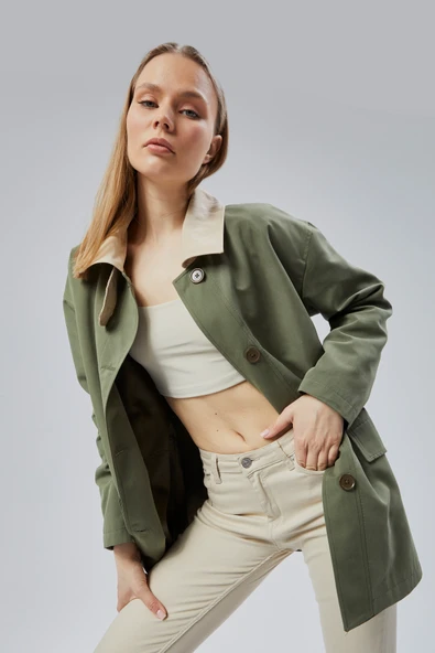 Haki Oversize Casual Midi Trençkot