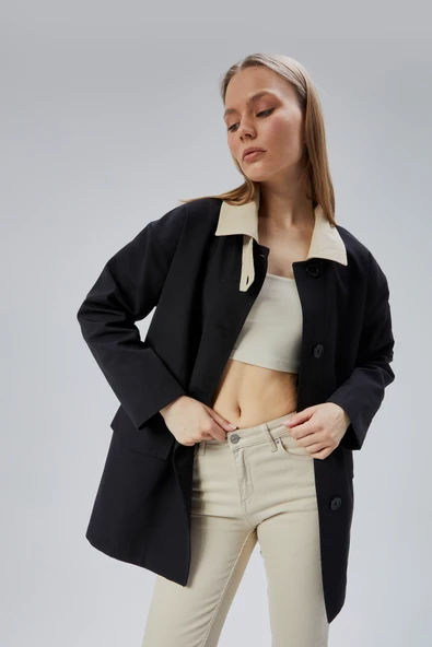 Siyah Oversize Casual Midi Trençkot - 2