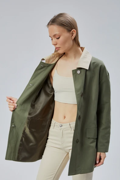 Haki Oversize Casual Midi Trençkot - 2