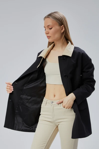 Siyah Oversize Casual Midi Trençkot