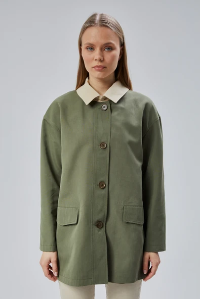 Haki Oversize Casual Midi Trençkot - 5