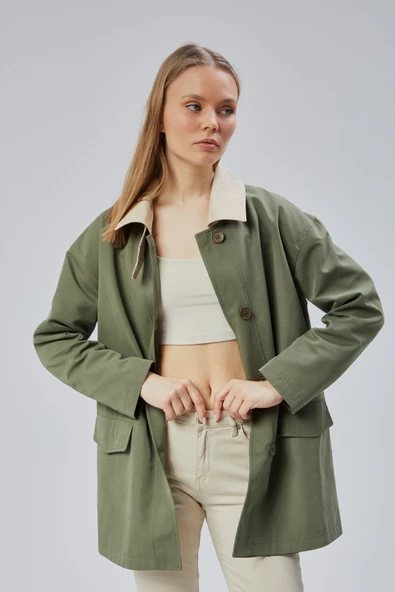 Haki Oversize Casual Midi Trençkot - 3
