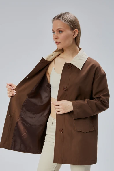 Kahverengi Oversize Casual Midi Trençkot - 3