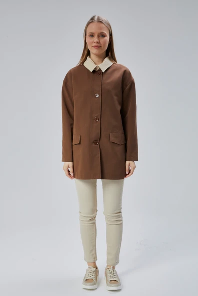 Kahverengi Oversize Casual Midi Trençkot - 2
