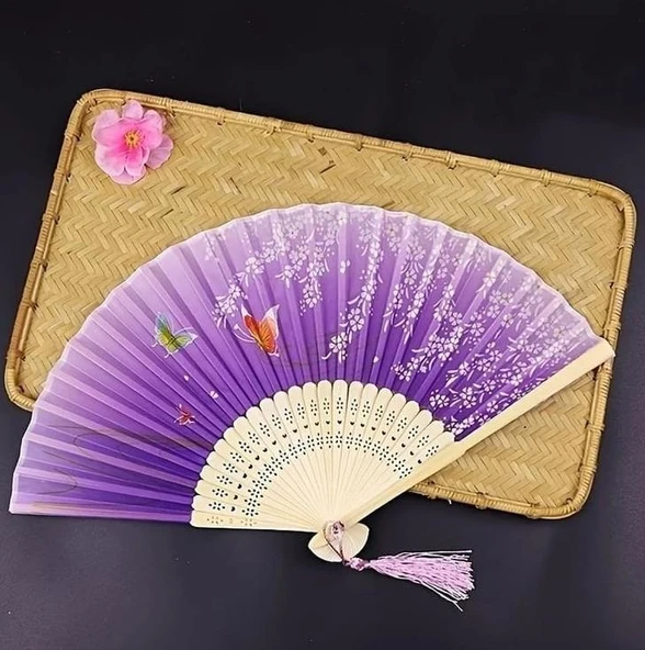 Beluga Yelpaze Bambu Kumaş Serinletici Vintage Şık Dekorasyon Lila Püsküllü Japon Yelpaze 0358