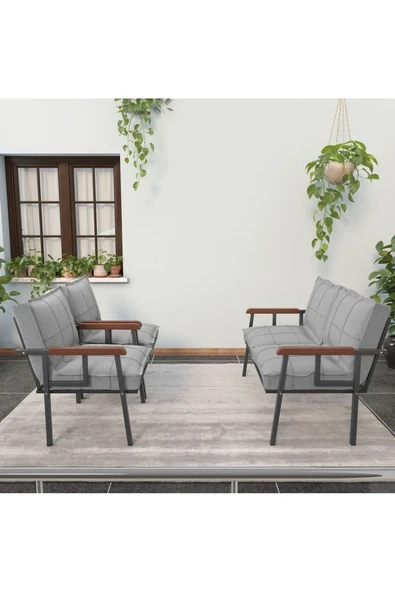 Mygusi Modern Serisi Balkon, Bahçe, Cafe - Metal Kanepe Koltuk Takımı - 2+1+1 - Açık Gri - 2