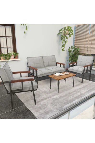 Mygusi Modern Serisi Balkon, Bahçe, Cafe - Metal Kanepe Koltuk Takımı - 2+1+1 Sehpalı - Açık Gri