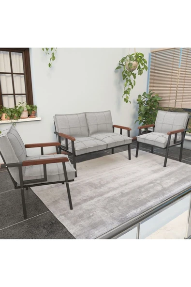 Mygusi Modern Serisi Balkon, Bahçe, Cafe - Metal Kanepe Koltuk Takımı - 2+1+1 - Açık Gri