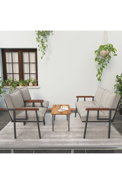 Mygusi Modern Serisi Balkon, Bahçe, Cafe - Metal Kanepe Koltuk Takımı - 2+1+1 Sehpalı - Krem - 3