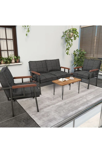 Mygusi Modern Serisi Balkon, Bahçe, Cafe - Metal Kanepe Koltuk Takımı - 2+1+1 Sehpalı - Antrasit