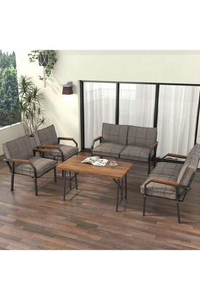 Mygusi Hayal Balkon Bahçe Cafe - Metal Kanepe Koltuk Takımı - 2 2 1 1 - 70x110 Cm Masalı - Cappucino