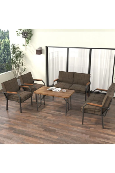 Mygusi Hayal Balkon Bahçe Cafe - Metal Kanepe Koltuk Takımı - 2 2 1 1 - 70x110 Cm Masalı - Kahverengi