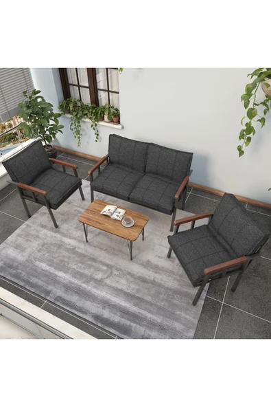 Mygusi Modern Serisi Balkon, Bahçe, Cafe - Metal Kanepe Koltuk Takımı - 2+1+1 Sehpalı - Antrasit - 3
