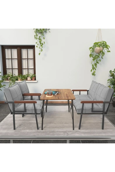 Mygusi Modern Serisi Balkon, Bahçe, Cafe - Metal Kanepe Koltuk Takımı - 2+1+1 60x90cm Masalı - Açık Gri - 2