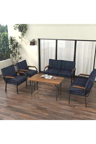 Mygusi Hayal Balkon Bahçe Cafe - Metal Kanepe Koltuk Takımı - 2 2 1 1 - 70x110 Cm Masalı - Lacivert - 2