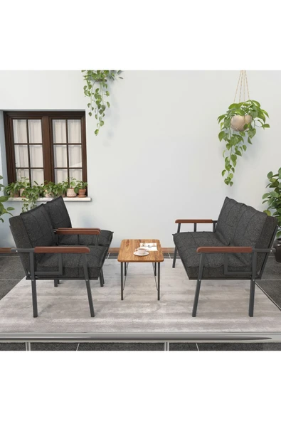 Mygusi Modern Serisi Balkon, Bahçe, Cafe - Metal Kanepe Koltuk Takımı - 2+1+1 Sehpalı - Antrasit - 2